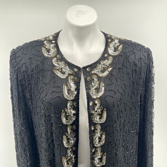 Vintage SCALA Silk Beaded Sequin Evening Glam Jacket Black Open Front XL - Picture 3 of 16